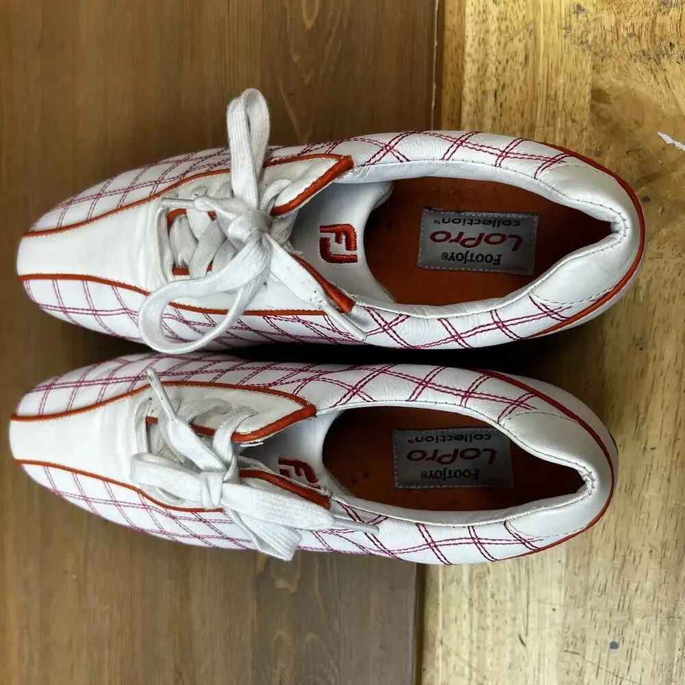 Footjoy Golf Shoes Women’s 8M Pink Plaid Orange Cleats 97222 Lace Up Spikes